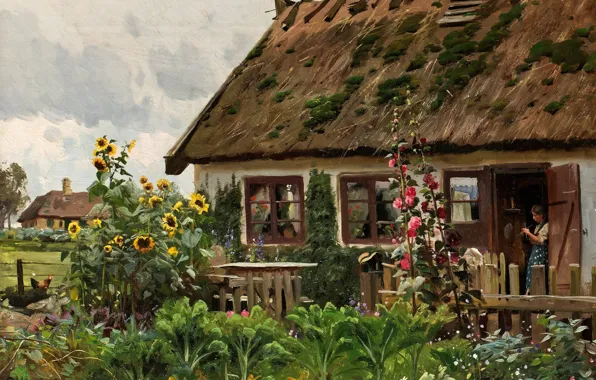Картинка пейзаж, цветы, дом, картина, Петер Мёрк Мёнстед, Peder Mørk Mønsted, Вяжущая Девушка в Дверях