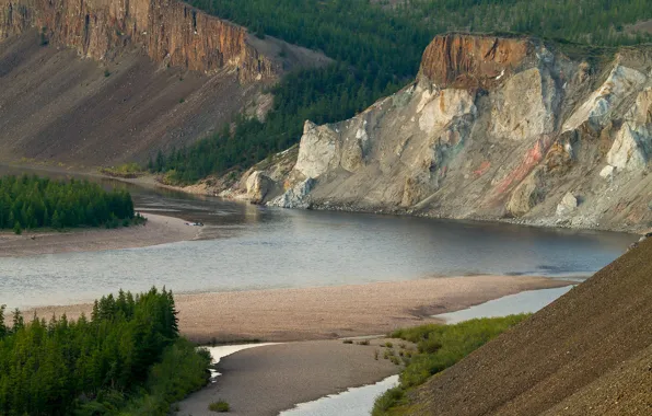 Лес, деревья, горы, река, камни, люди, скалы, берег