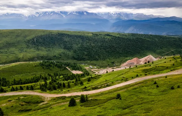 Картинка дорога, облака, деревья, горы, долина, горизонт, луга, Totoro
