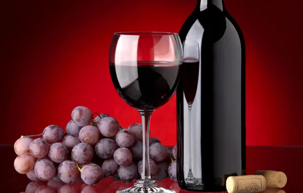 Картинка вино, красное, бокал, бутылка, виноград, пробки