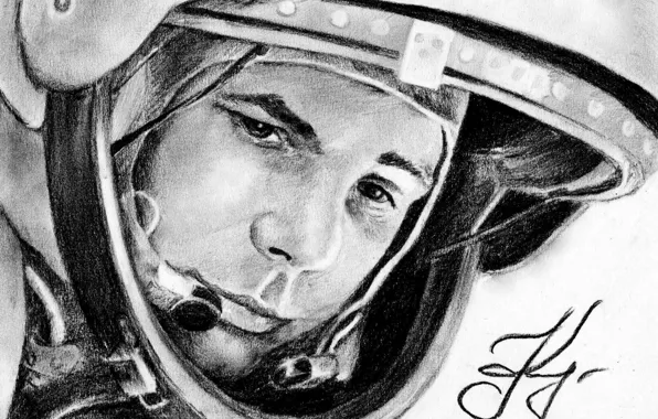 Рисунок, космонавт, скафандр, герой, легенда, лётчик, Юрий Гагарин