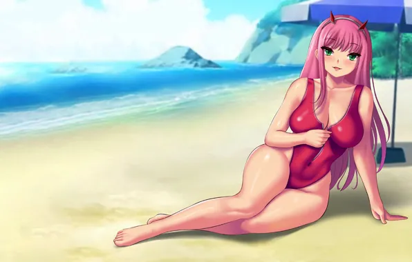 Girl, sexy, cleavage, beach, pink hair, green eyes, long hair, sea