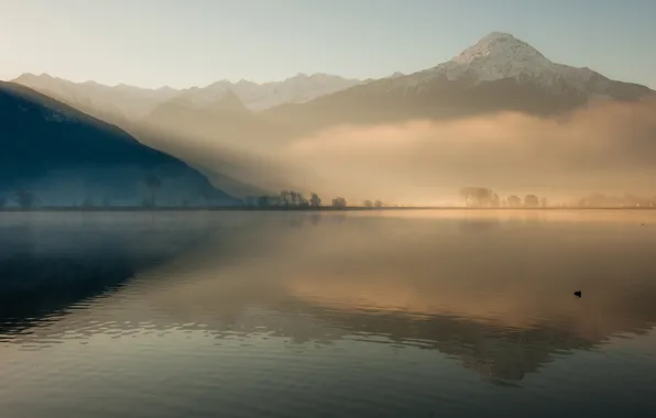 Mountain, lake, fog, hills, sunrise