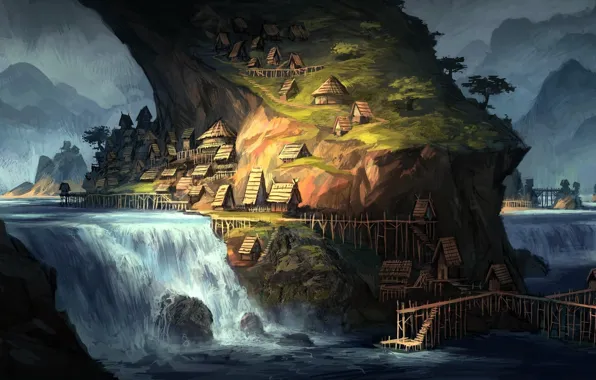 Картинка горы, река, водопад, дома, river, строения, mountains, houses