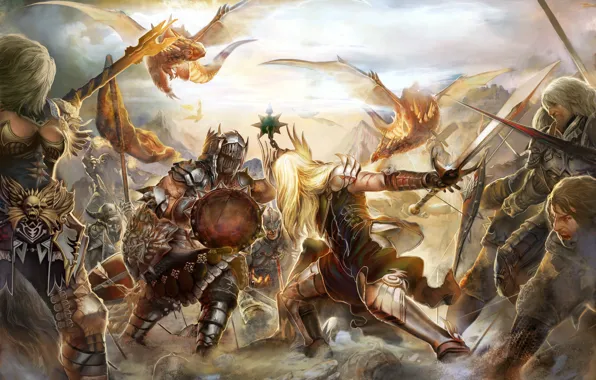 Картинка оружие, драконы, доспехи, битва, мечи, рыцари, щиты, MMORPG