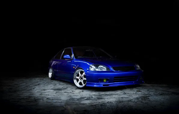 Honda, Blue, Front, Tuning, Civic, Honda Civic, Dark Background, Black Background