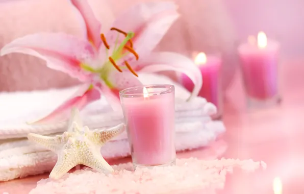 Цветок, розовый, отдых, релакс, свеча, красота, полотенце, салон красоты