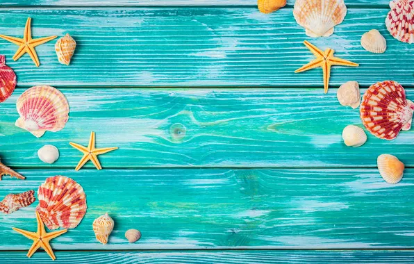 Пляж, лето, звезды, ракушки, summer, beach, wood, stars