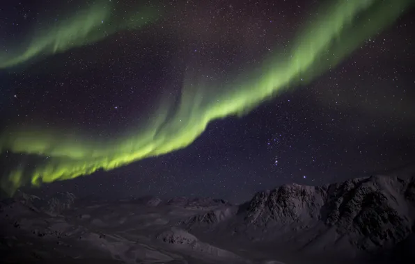 Картинка зима, звезды, снег, горы, ночь, северное сияние, зеленая, Aurora Borealis