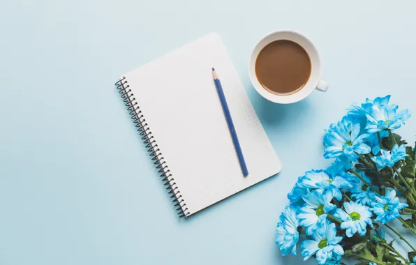Картинка цветы, кофе, ручка, блокнот, Хризантемы