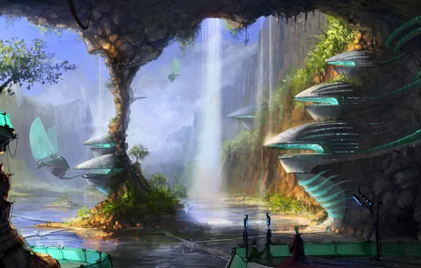 Картинка вода, птицы, город, человек, водопад, пещера, механизмы, колонна