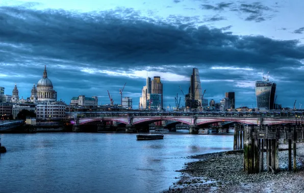 Небо, облака, мост, город, река, фото, Англия, Лондон