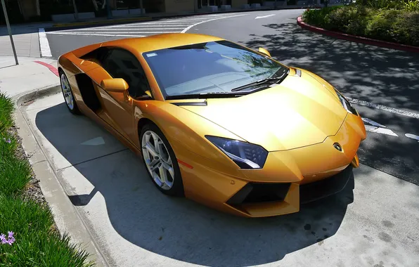 Дорога, жёлтый, разметка, тень, lamborghini, вид сбоку, yellow, aventador