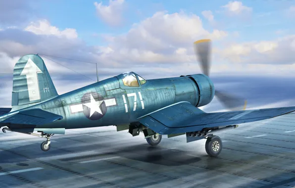Истребитель, США, F4U Corsair, F4U-1D, Боевой самолёт, Поршневой самолет, Палубная авиация