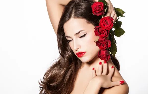 Картинка девушка, цветы, фон, волосы, розы, руки, макияж, губы