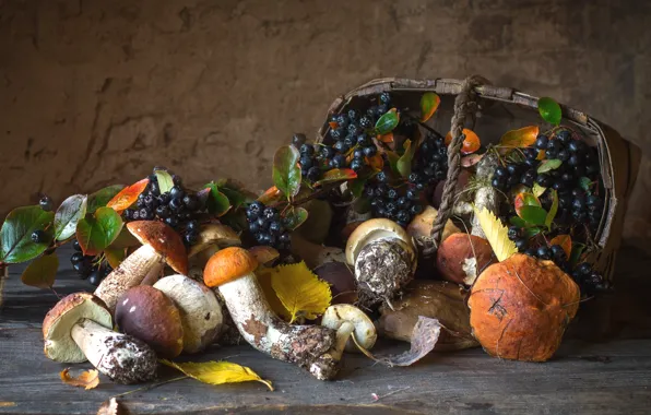 Картинка осень, корзина, грибы, арония