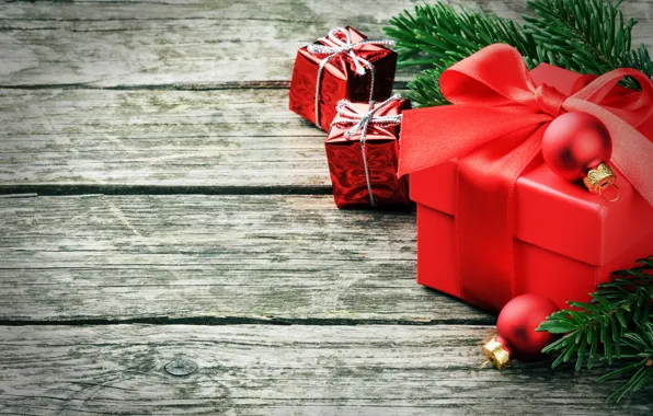 Зима, шарики, ветки, коробка, подарок, ель, Новый Год, Рождество