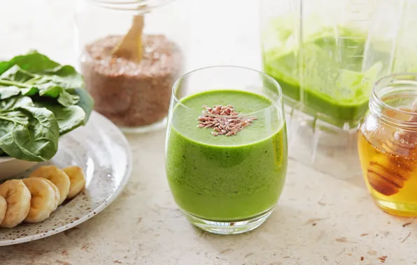 Green, коктейль, напиток, мёд, банан, овощи, fresh, smoothie