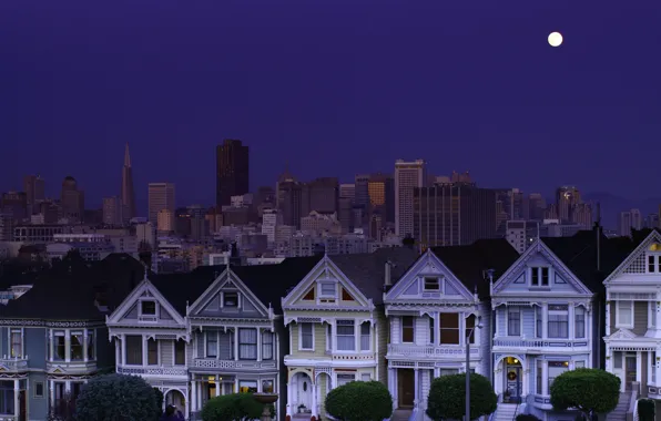 Картинка небо, ночь, луна, Сан-Франциско, moon, USA, США, синее, sky, night, California, San Francisco