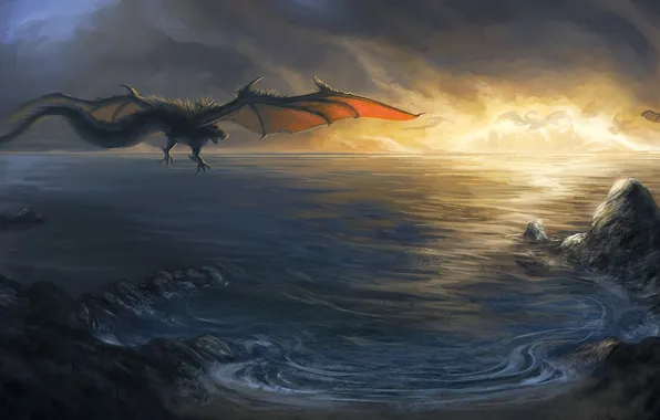 Картинка море, полет, закат, скалы, драконы, арт