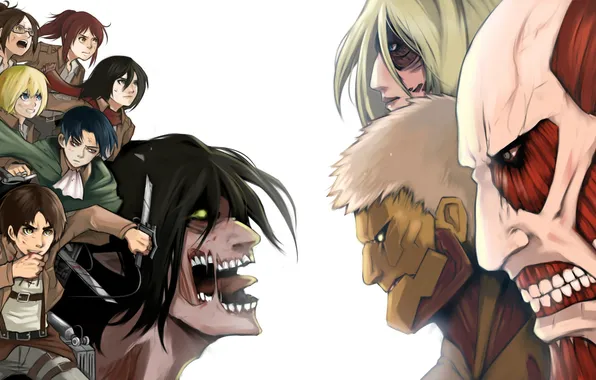 Картинка anime, Attack on Titan, Shingeki no Kyojin, Mikasa Ackerman, Annie Leonhart, Eren Yeager, Sasha Blouse, …