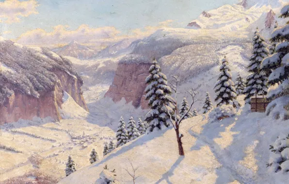 Картинка зима, снег, деревья, пейзаж, горы, елки, картина, сугробы