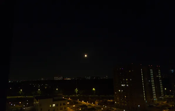 Лето, свет, ночь, город, луна, окна, здания, дома