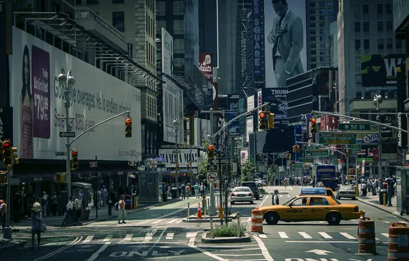 New York City, Times Square, дорога, такси, люди, машины, город, светофоры