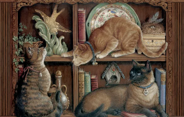 Картинка кошка, арт, полка, Жанет Крускамп