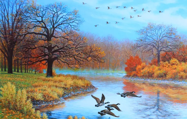 Картинка осень, деревья, пейзаж, птицы, река, утки, картина