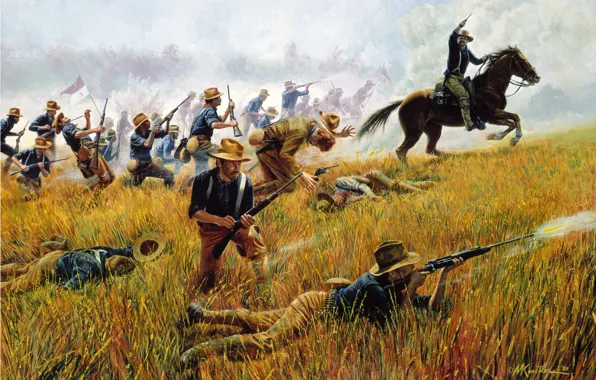 Картинка война, лошади, Rough Riders by Mort Kunstler, Kettle Hill, July 1, 1898 -- With the …