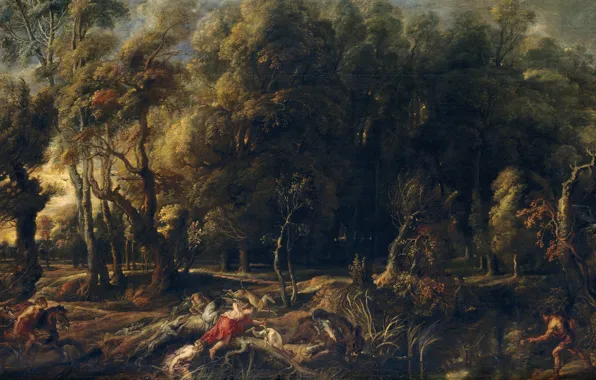 Картина, охота, Питер Пауль Рубенс, мифология, Pieter Paul Rubens, Аталанта и Мелеагр Охотятся на Калидонского …