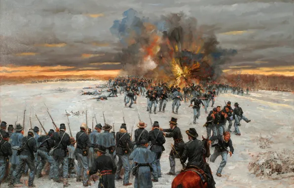 Картинка масло, картина, холст, Северная Америка, отступление, война между Севером и Югом, солдаты. оружие
