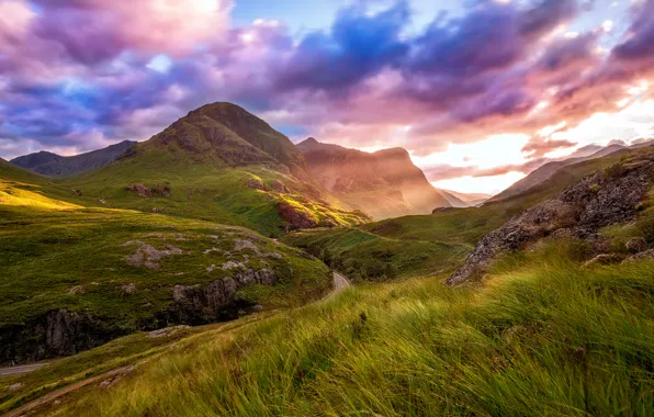 Картинка дорога, лето, небо, облака, горы, долина, Шотландия, Август
