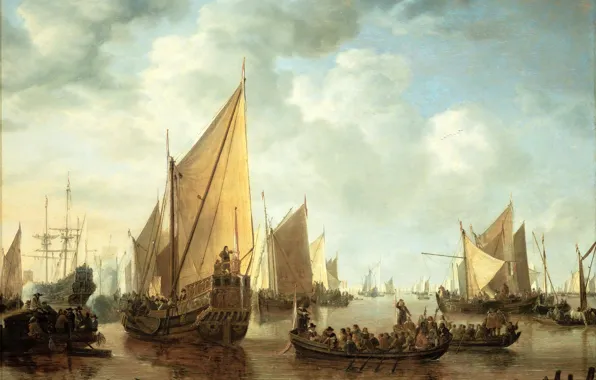 Картинка море, пейзаж, люди, лодка, корабли, картина, парус, Simon de Vlieger