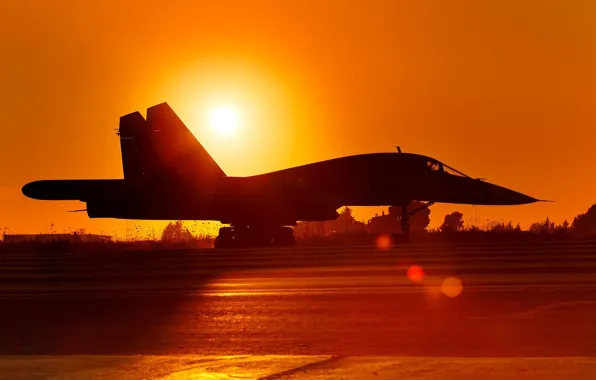 Картинка солнце, закат, самолет, фон, вечер, Россия, бомбардировщик, аэродром