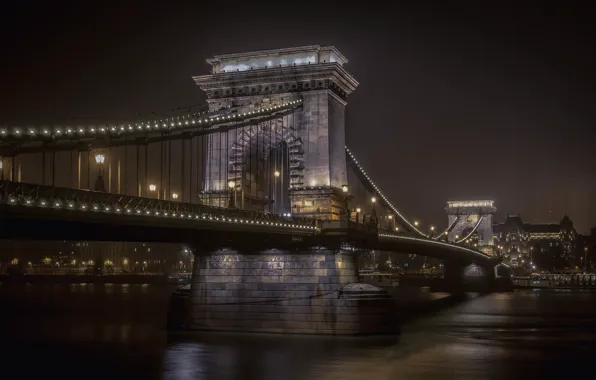 Ночь, огни, река, Венгрия, Будапешт, Дунай, Цепной мост