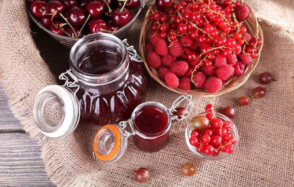 Ягоды, малина, смородина, крыжовник, черешня, варенье