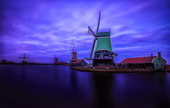 Картинка деревня, Нидерланды, Заансе Сханс, ночь, ветряная мельница