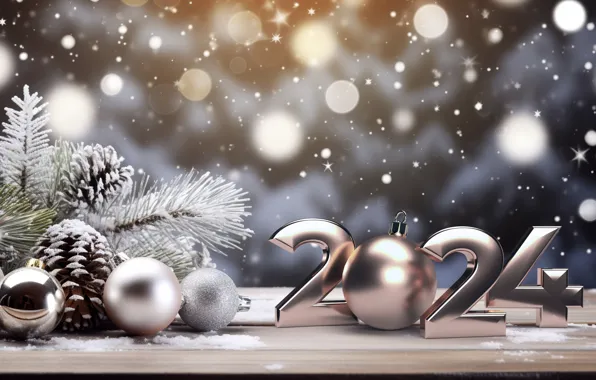 Картинка зима, снег, шары, Новый Год, Рождество, цифры, silver, new year