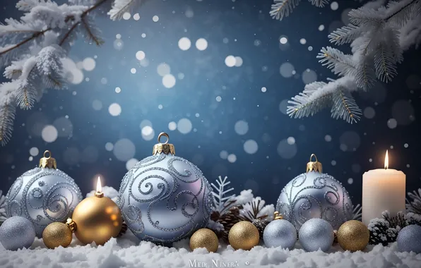 Зима, снег, украшения, шары, елка, Новый Год, Рождество, golden