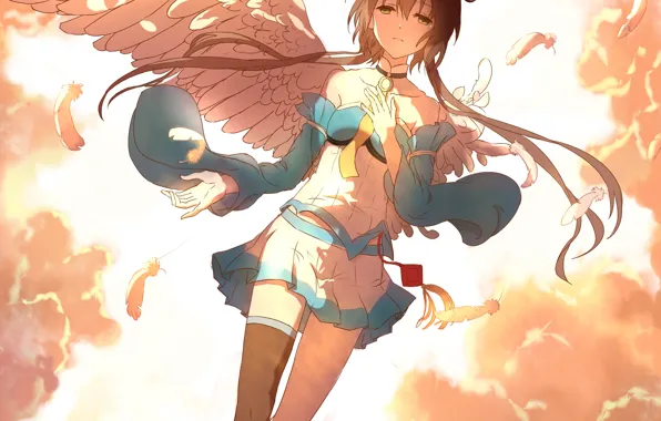 Картинка небо, девушка, облака, крылья, аниме, перья, арт, vocaloid