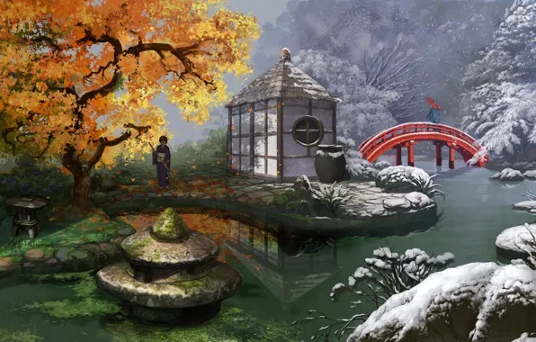 Картинка зима, осень, листья, снег, цветы, мост, пруд, девушки