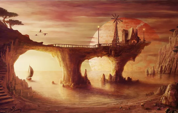 Картинка озеро, дом, корабль, планета, парусник, арт, мельница, фантастический мир
