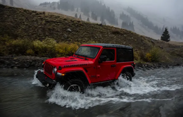 Волны, красный, ручей, дождь, 2018, Jeep, Wrangler Rubicon