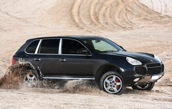 Картинка Porsche, black, desert, speed, sand, Turbo, Cayenne