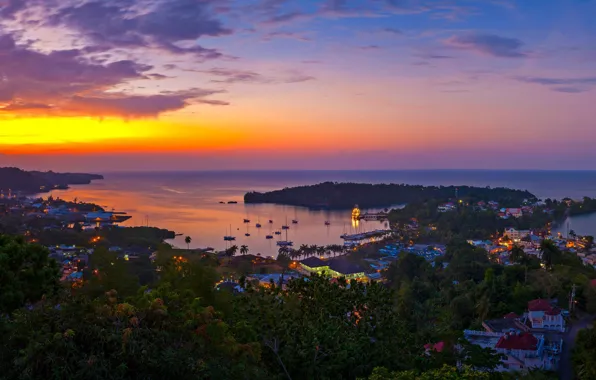 Панорама, зарево, Ямайка, гавань, Порт-Антонио