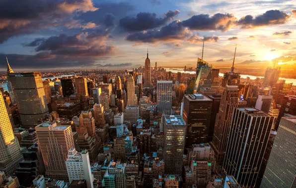 Город, рассвет, Нью-Йорк, небоскребы, USA, США, мегаполис, NYC