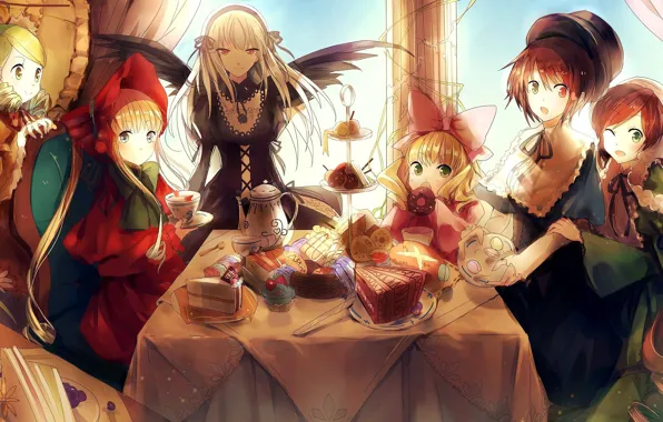 Стол, крылья, кресло, шляпа, окно, сладости, rozen maiden, suigintou