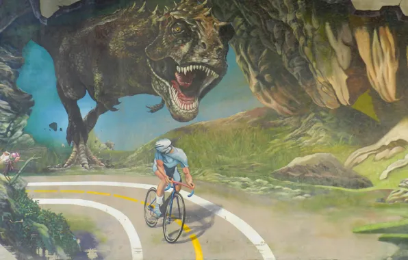 Картинка дорога, динозавр, погоня, велосипедист, Тираннозавр